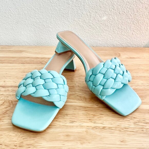 Women's 8.5 (US) Light Blue Braided Vegan Leather Open Square Toe Slide Sandals - Picture 3 of 8